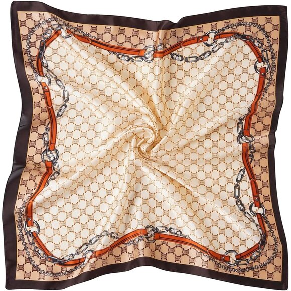 Women Beige Chain Headscarf Satin Bandana Pattern Polyester Breathable Scarves - Picture 1 of 7